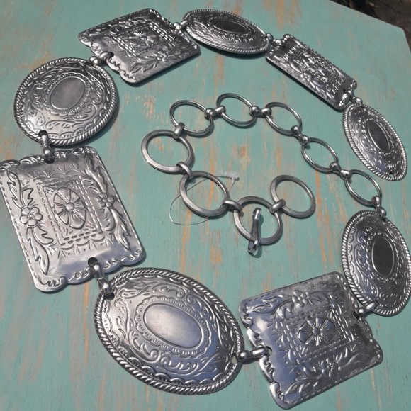 Metal Conch Belt Chunky Vintage Silver Real Metal Studded Womens Chain Link - Picture 9 of 12